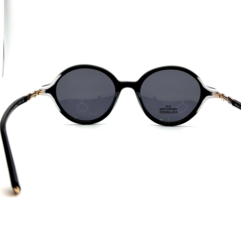 Round Black Acetate Sunglasses Gold Metal Accents, White Interior laminate - Picture 9 of 9